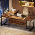 BYBLIGHT Capen 70.8 in. L Shaped Rustic Brown Wood Executive Desk .