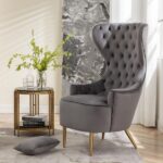 KINWELL Gray Velvet Wingback Chair with Tufted Cushions (Set of 1 .
