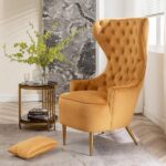 KINWELL Camel Velvet Wingback Chair with Tufted Cushions (Set of 1 .