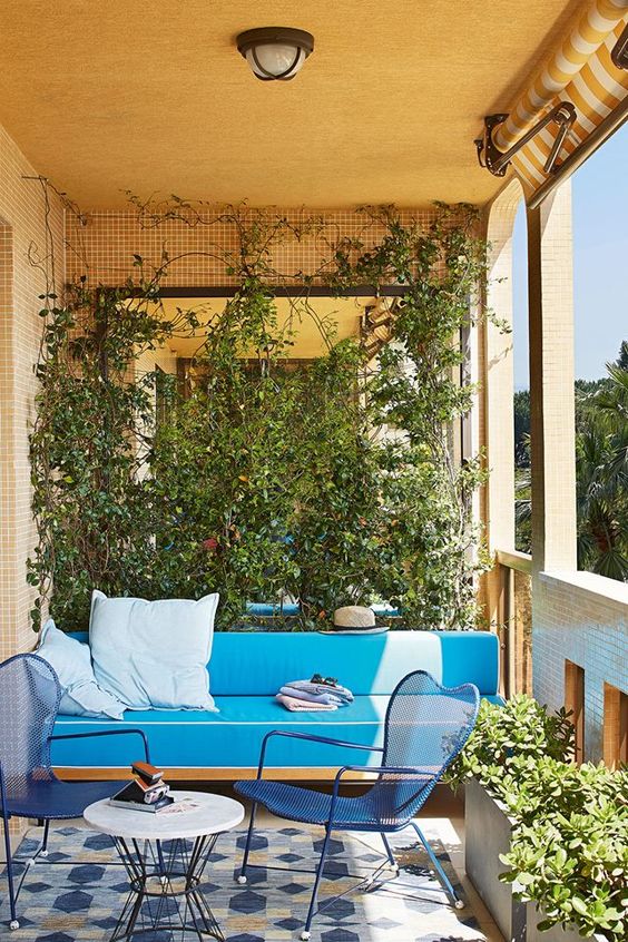 A beautiful, bright balcony with a trellis of vines, greenery in a planter, a striking blue sofa and blue chairs is cool
