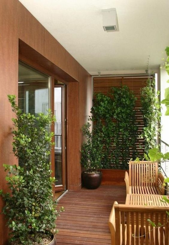 a stylish, modern balcony with stained floors, modern wooden garden furniture, a planter with a trellis and climbing vines and some greenery
