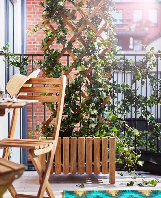 A balcony with a trellis planter and climbing vines, folding furniture and a statement rug is cool and cozy