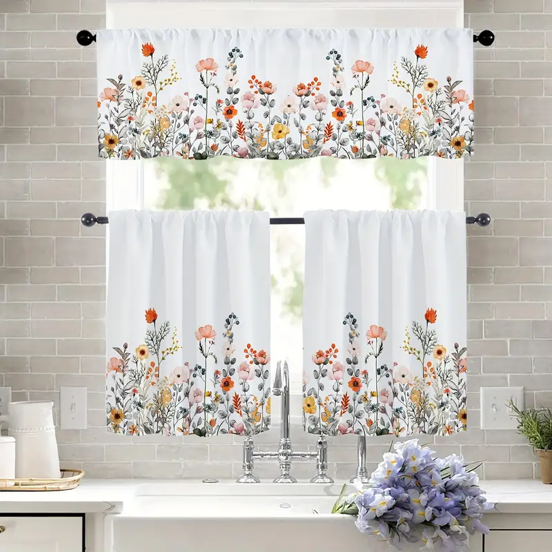 Hand Painted Floral Semi blackout Kitchen Short Curtains - Te