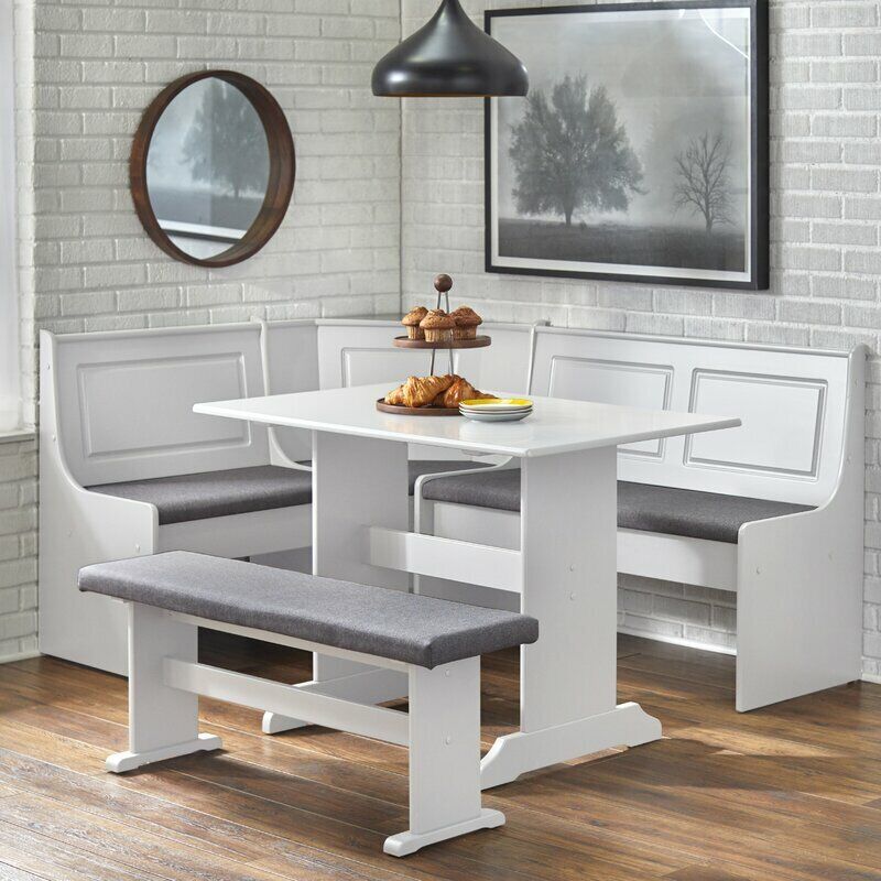 3pc Lt Gray Grey Wood Breakfast Nook Dining Set Corner Booth Bench .