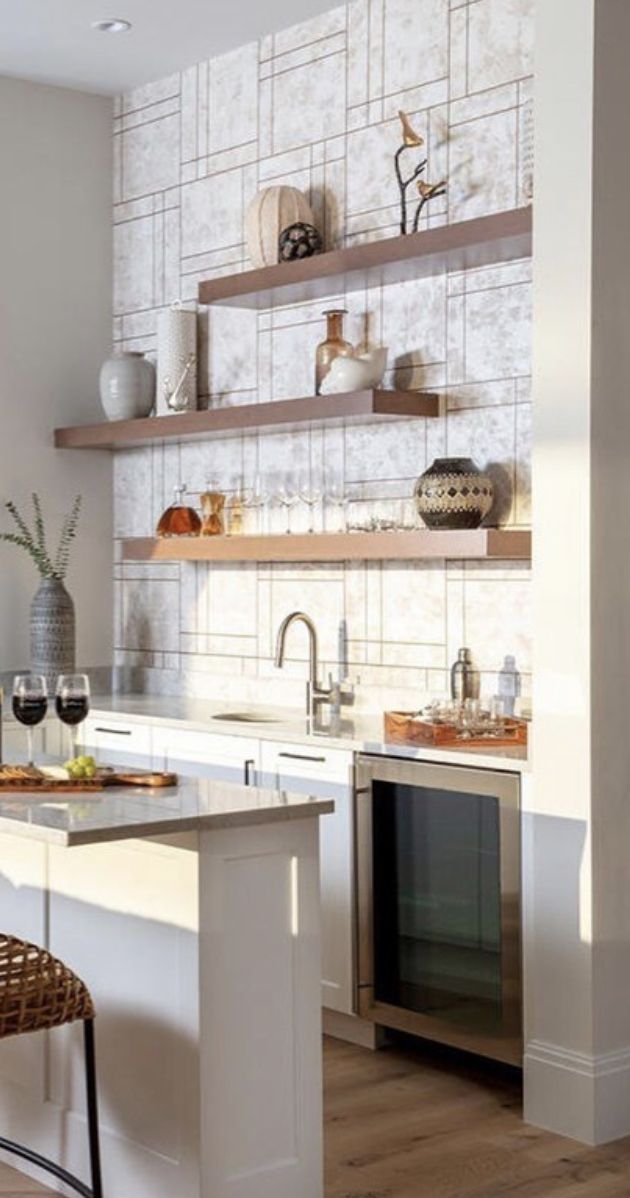 Bar area | Floating shelves kitchen, Kitchen floating shelves .