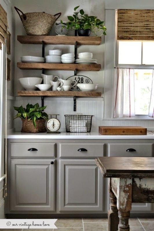 Farmhouse kitchen Floating shelves and glass cupboards, yay or nay .