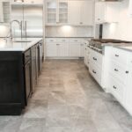 Muted Grey Tile Floor Kitchen and White Tile Kitchen Backsplash .