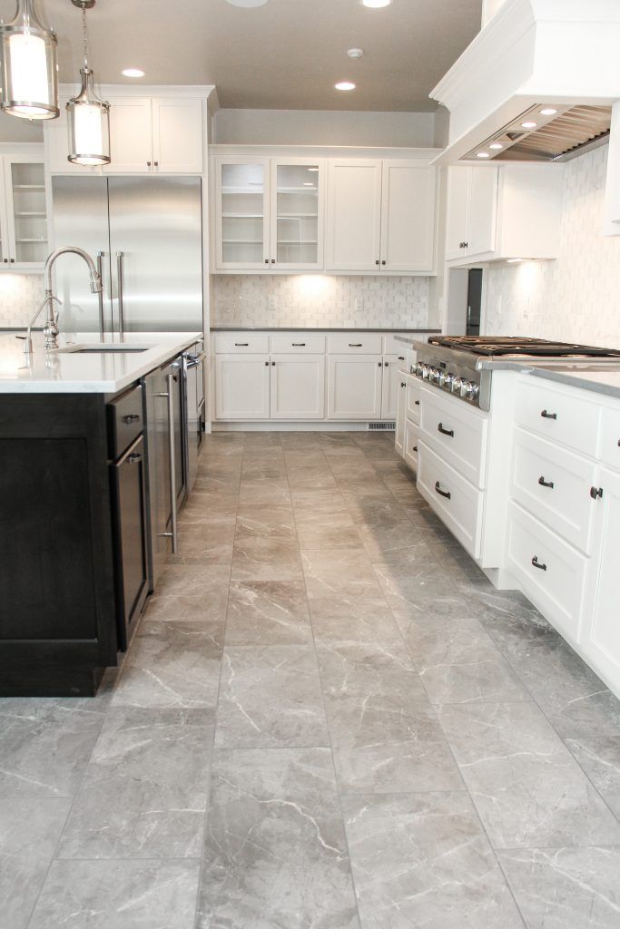 Muted Grey Tile Floor Kitchen and White Tile Kitchen Backsplash .