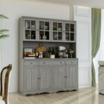 Hitow Kitchen Pantry Storage Cabinet with Glass Doors and Drawers .
