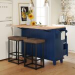 Blue Wood 50.3 in. Kitchen Island Set with Drop Leaf and 2 .