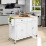 YOFE White Kitchen Island Cart with Solid Wood Top & Locking Wheel .