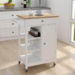 Tileon White Kitchen Island Cart with Rolling Wheel & Wood Table .