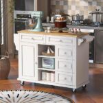 tunuo White Rolling Kitchen Island Cart with Rubber Wood Top (53 .
