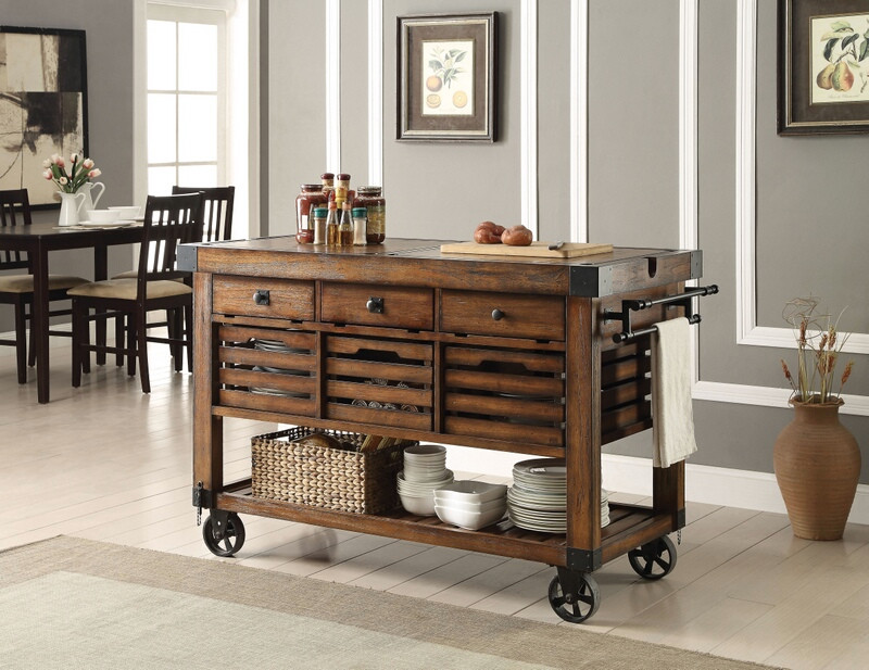 98184 Kaif distressed chestnut finish wood and black metal accents .