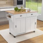 52 in. White Kitchen Cart Island with Rubber wood Drop-Leaf .