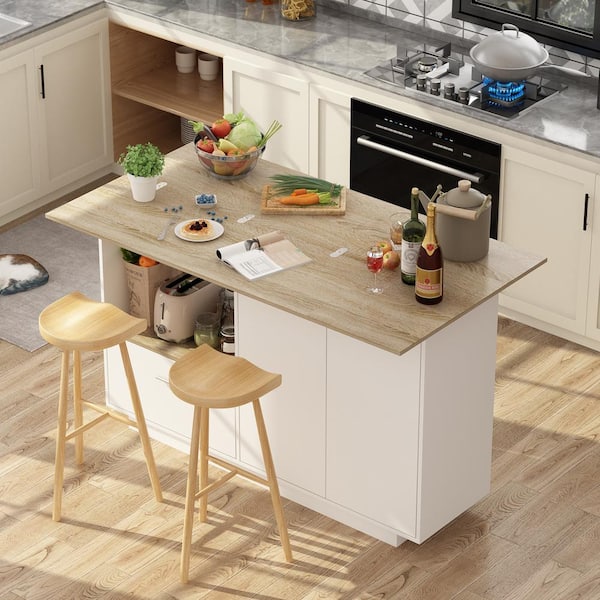 FUFU&GAGA White/Oak Wood 59.1 in. W Kitchen Island Dining Table .