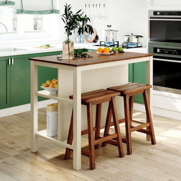 Tileon Cream White Kitchen Island Set w/ 2-Stools Rustic Wood .