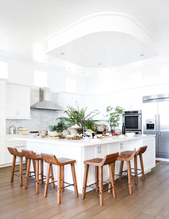 Stools on Two Sides of Kitchen Island | White kitchen island .