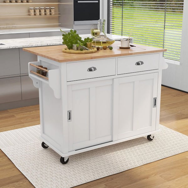 White Rolling Kitchen Island Cart with Rubber Wood Drop-Leaf .