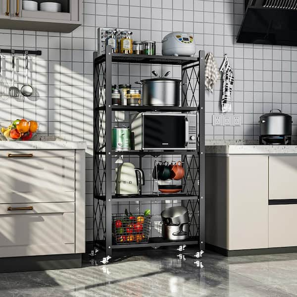 FUNKOL 5-Tier Black Metal Kitchen Shelf Foldable Storage Rack with .