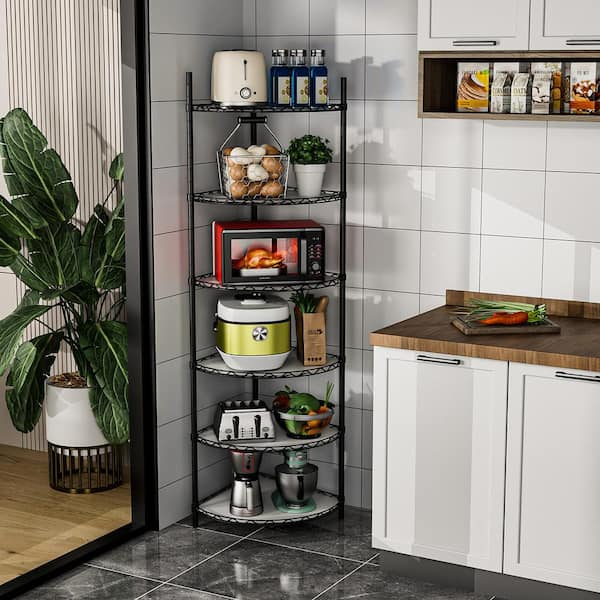 FUNKOL 6-Tier Corner Black Kitchen Shelf Metal Storage Shelf .