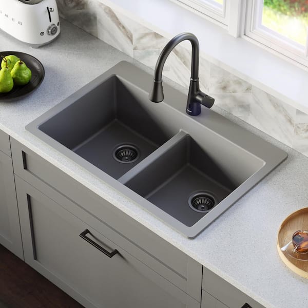 Karran Grey Quartz 33 in. 50/50 Double Bowl Composite Drop-in .