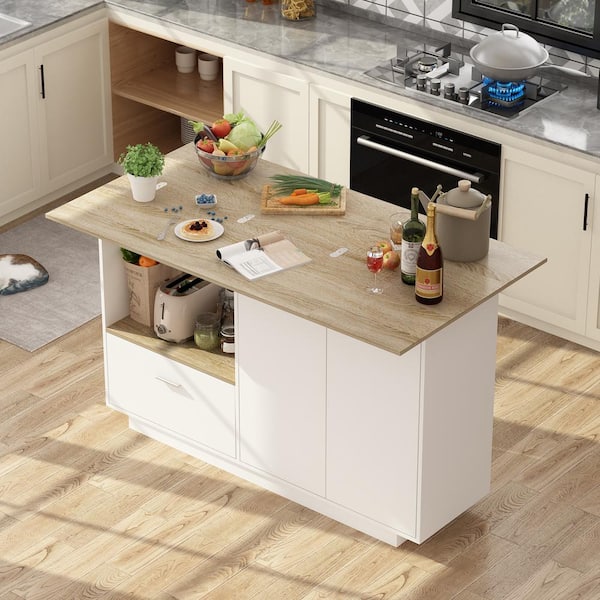 FUFU&GAGA White/Oak Wood 59.1 in. W Kitchen Island Dining Table .