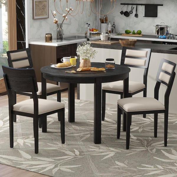 Harper & Bright Designs 5-Piece Black Round Extendable Wood Dining .