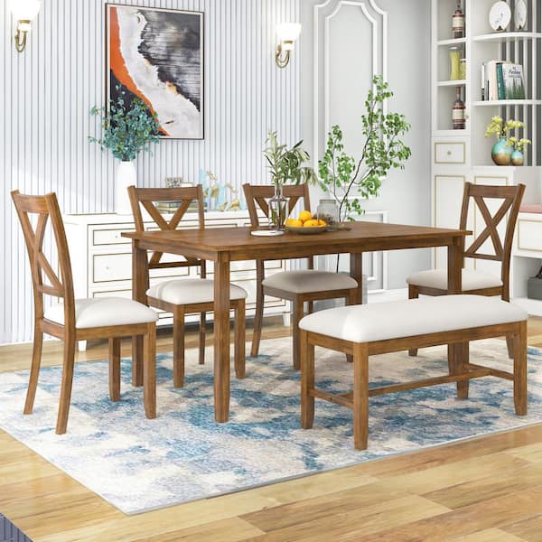 Natural Cherry 6-Piece Kitchen Dining Table Set Wooden Rectangular .