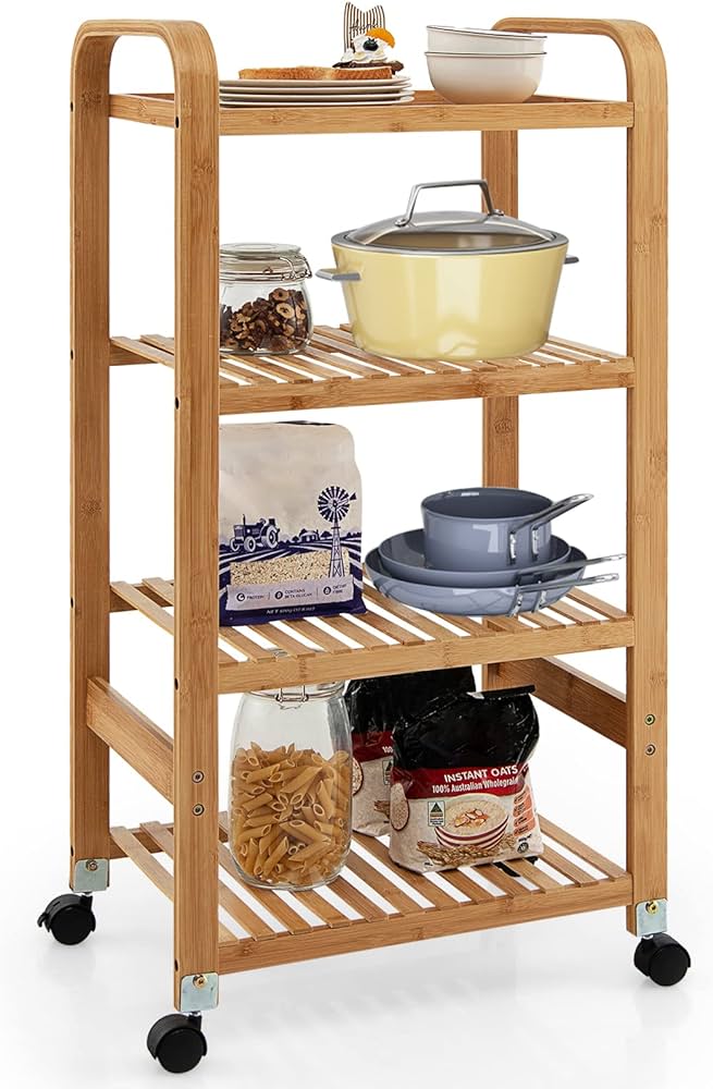 Amazon.com - COSTWAY 4-Tier Bamboo Rolling Cart, Kitchen Utility .