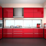 Front View Of Modern Kitchen Interior In Red Color Theme Stock .