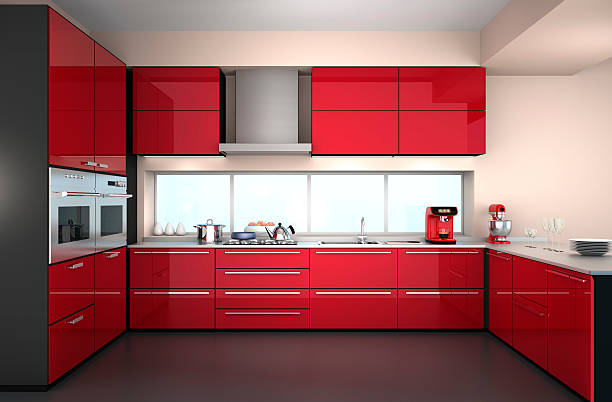 Front View Of Modern Kitchen Interior In Red Color Theme Stock .