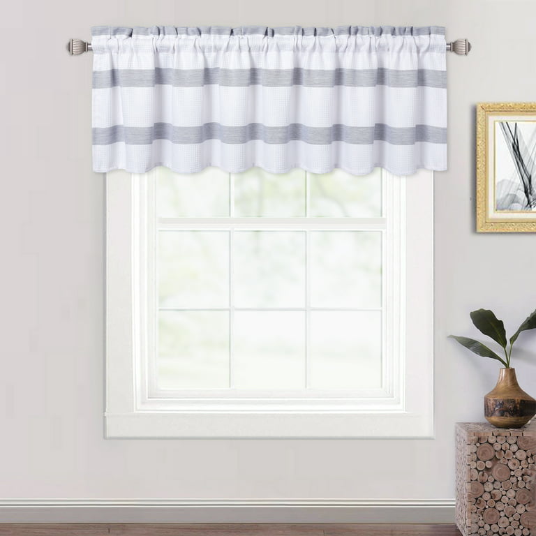 Blue and White Stripe Pattern Kitchen Valances, Waffle Weave .