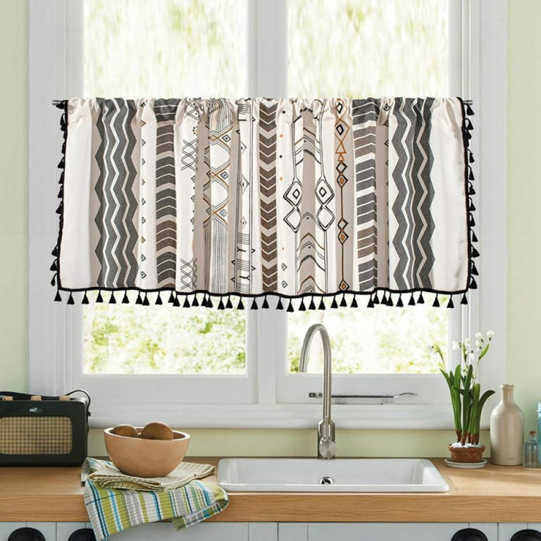 Boho Tassels Kitchen Valances for Windows, Geometric Cotton Linen .