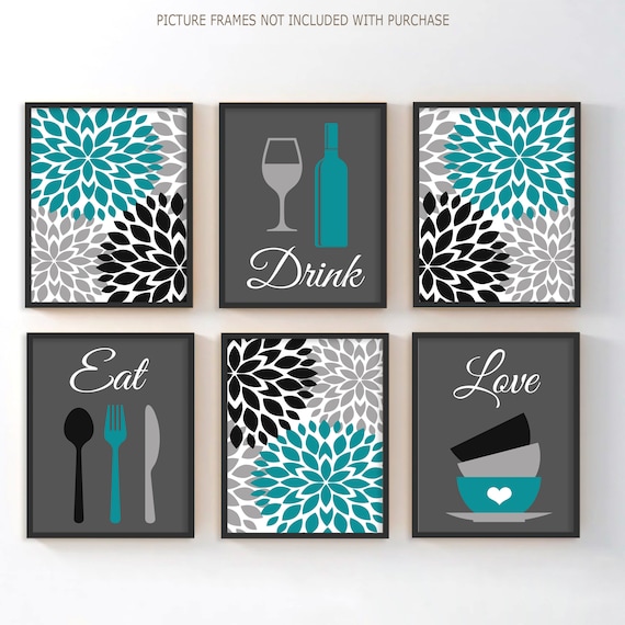 Kitchen Wall Art Print Set, Eat Drink Love, Flower Bursts, Teal .