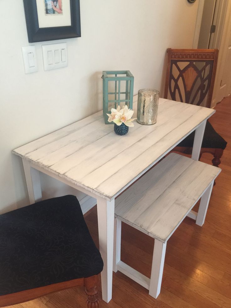 Small farmhouse table for small room. Bench and distressed white .