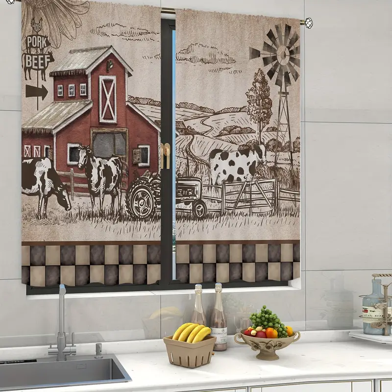 2 Panels Farmhouse Cow Kitchen Curtains Tiers Rod Pocket - Te