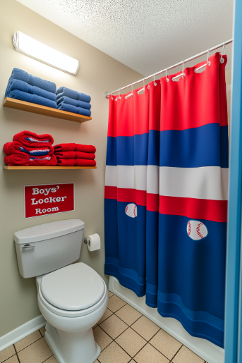 A sports-themed bathroom with a red and blue shower curtain and matching towels.