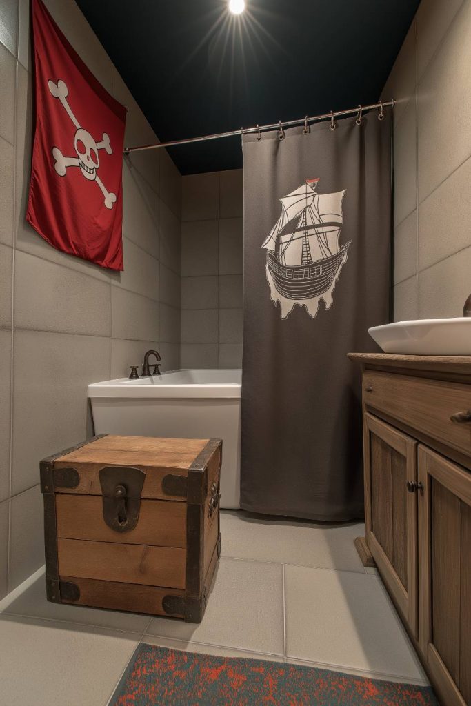 Pirate-themed bathroom with a ship shower curtain, a treasure chest and a pirate flag.