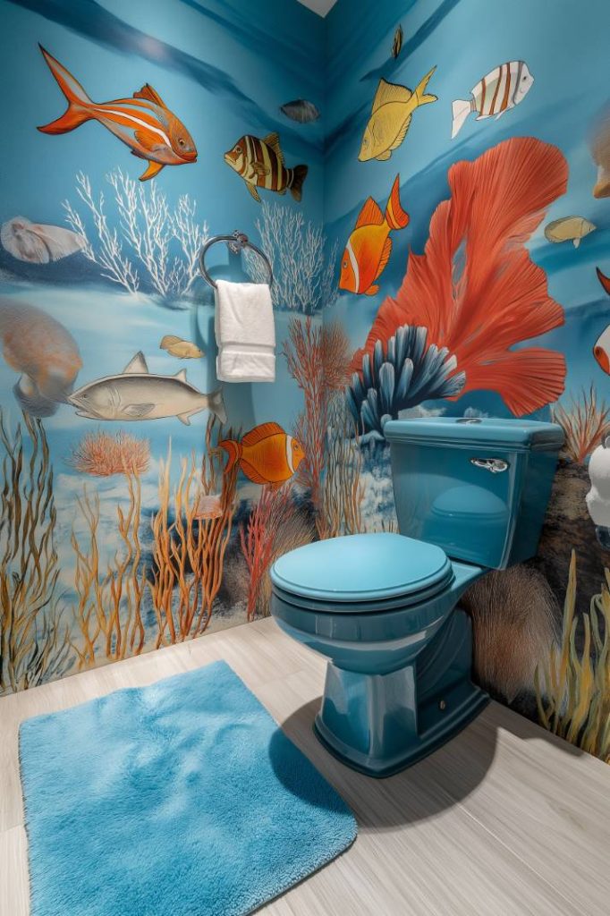 Underwater style bathroom with sea life wallpaper and blue toilet.