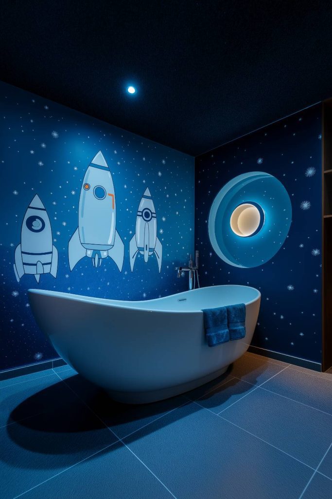 Space-themed bathroom with freestanding bathtub, rocket illustrations and star wallpaper.