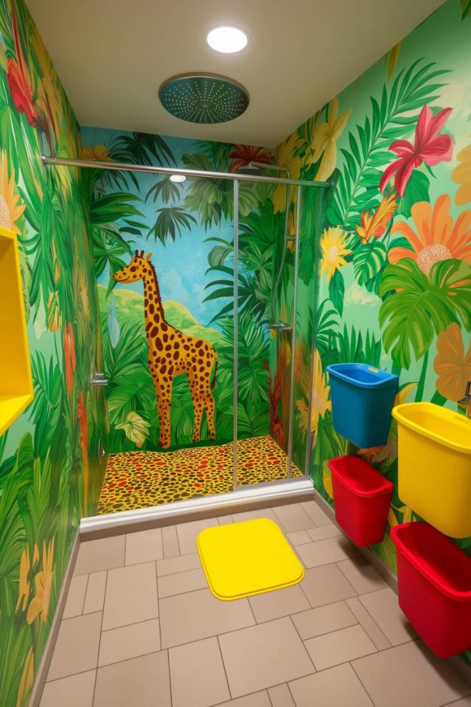 A vibrant jungle-themed shower with a giraffe illustration and colorful trash cans.