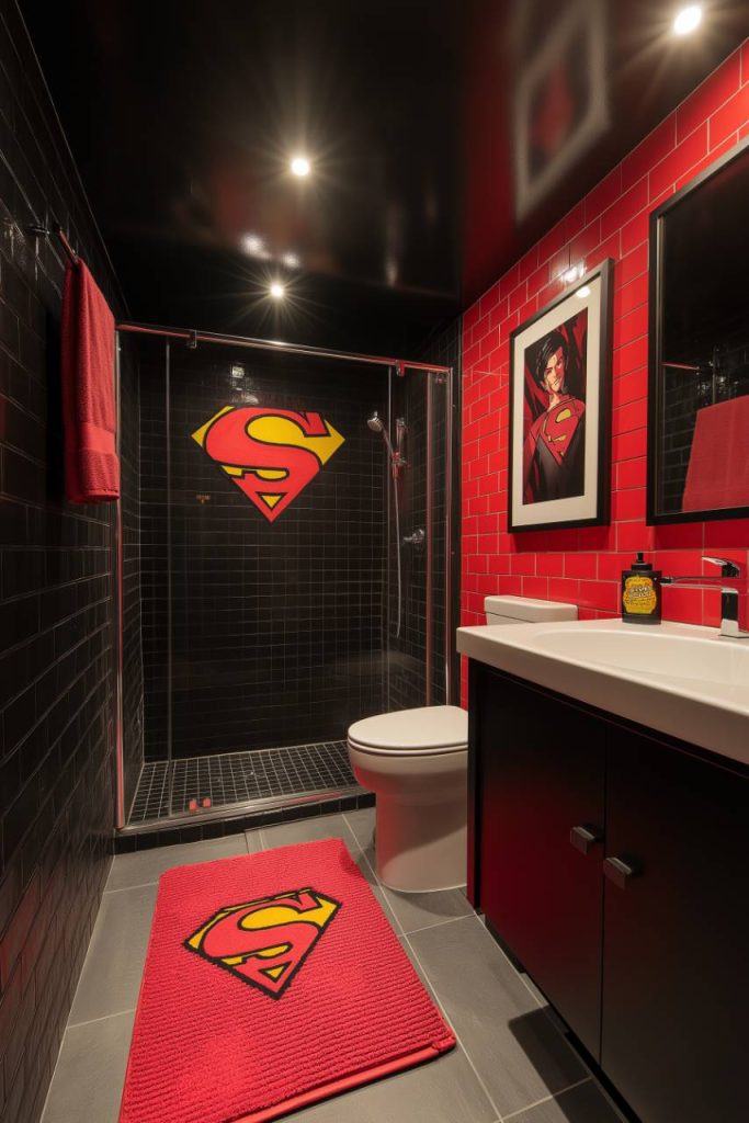 A Superman-themed bathroom with red and black tiles, superhero decor and matching accessories.