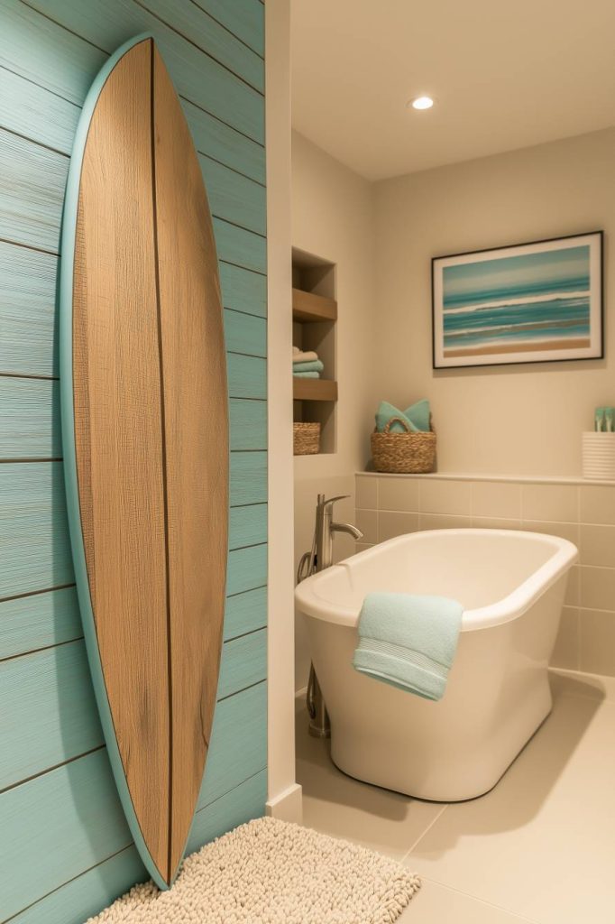 Modern bathroom with teal accents, freestanding tub and wooden surfboard decor.