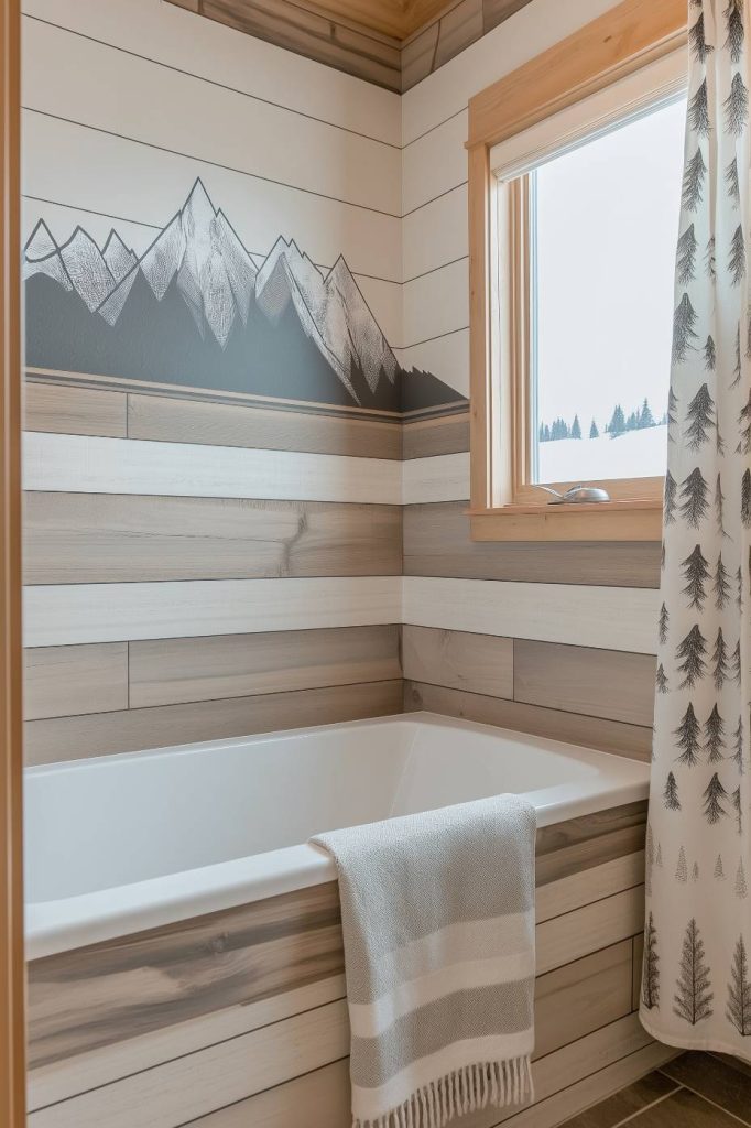 A bathroom with a mountain mural above a white bathtub, next to a window with tree-patterned curtains.