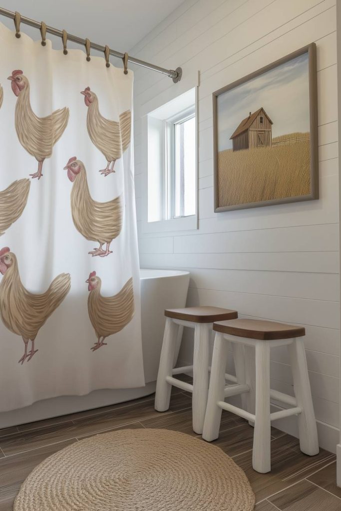 Farmhouse style bathroom with chicken pattern shower curtain and farmhouse style artwork.