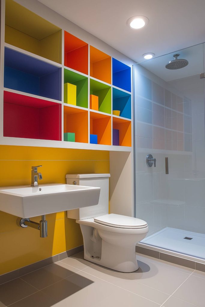 Modern bathroom with colorful shelves, white fixtures and a glass shower.