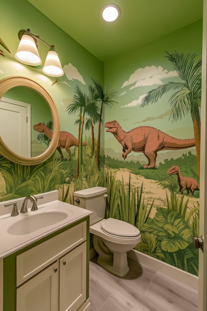 A dinosaur-themed bathroom with illustrated walls, a round mirror, a sink and a toilet.