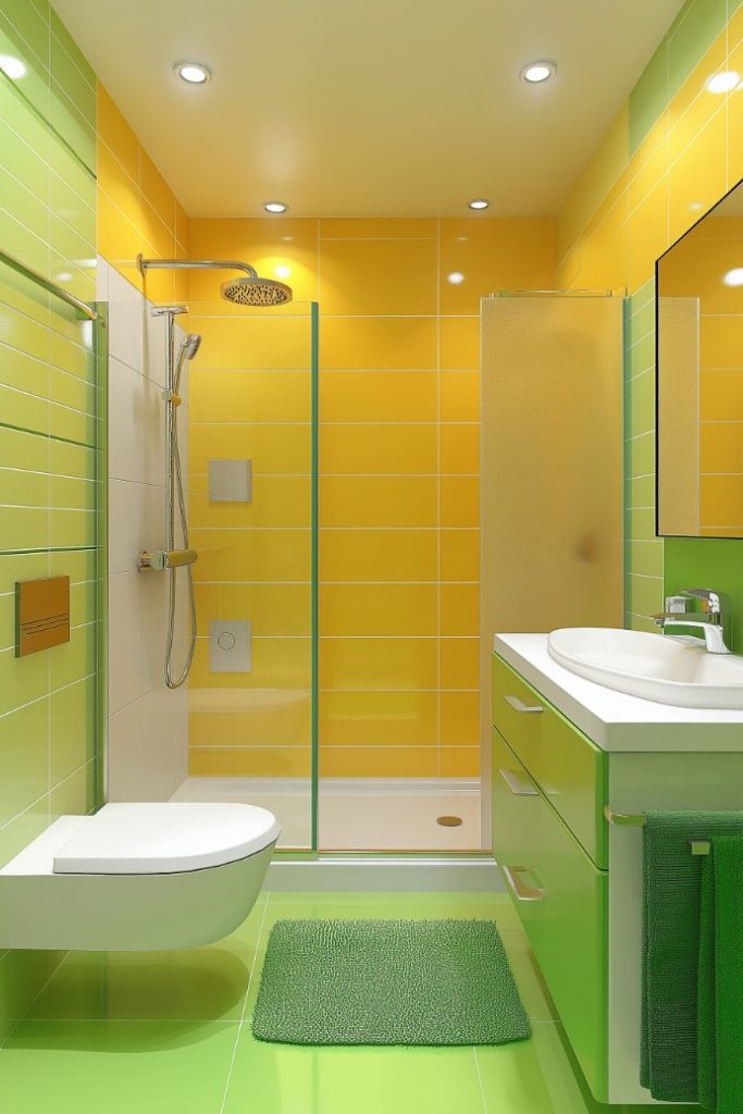 Bright yellow and green tiled bathroom with shower, toilet, sink and mirror.