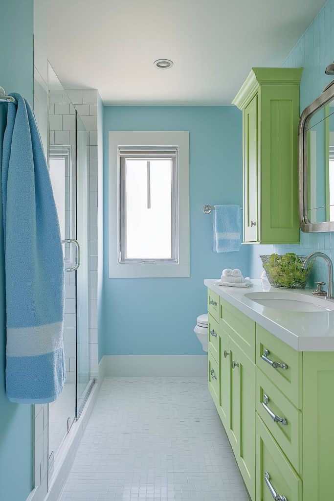 A bright bathroom with a blue wall, a green vanity and a tiled glass shower.